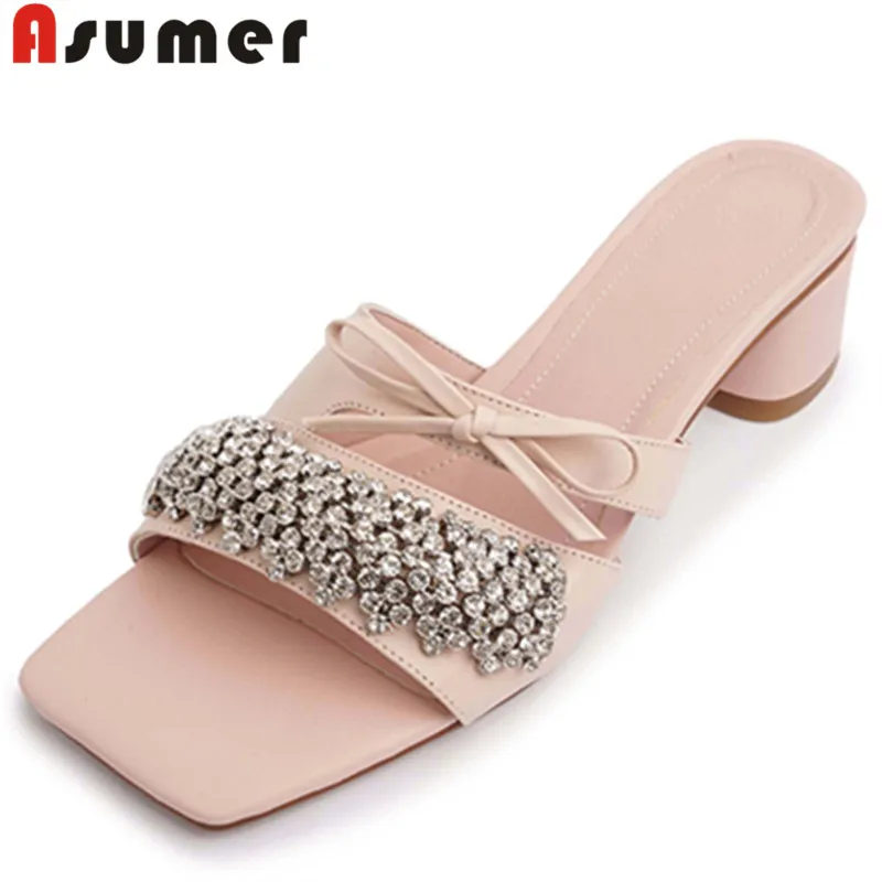 

ASUMER 2022 New Rhinestone Genuine Leather Butterfly Knot Women Slippers Square Med Heels Slippers Ladies Summer Dress Shoes