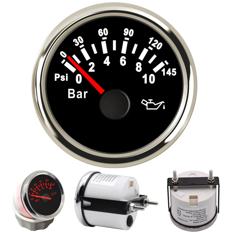 

Auto Oil Pressure Gauges Tuning 0-10bar Marine Waterproof Oil Pressure Meters 52mm 0-145Psi with Red Backlight 9-32vdc 10-184ohm