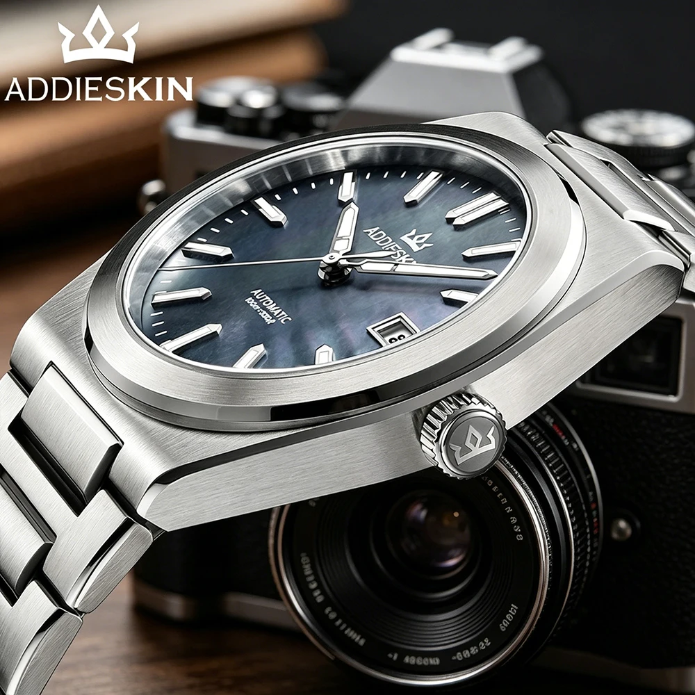 Фото ADDIESKIN K008 Мужские автоматические часы с черным перламутровым циферблатом, сапфировым стеклом, механизмом Miyota 9015, светящимся циферблатом, водонепроницаемостью до 100 м. №4