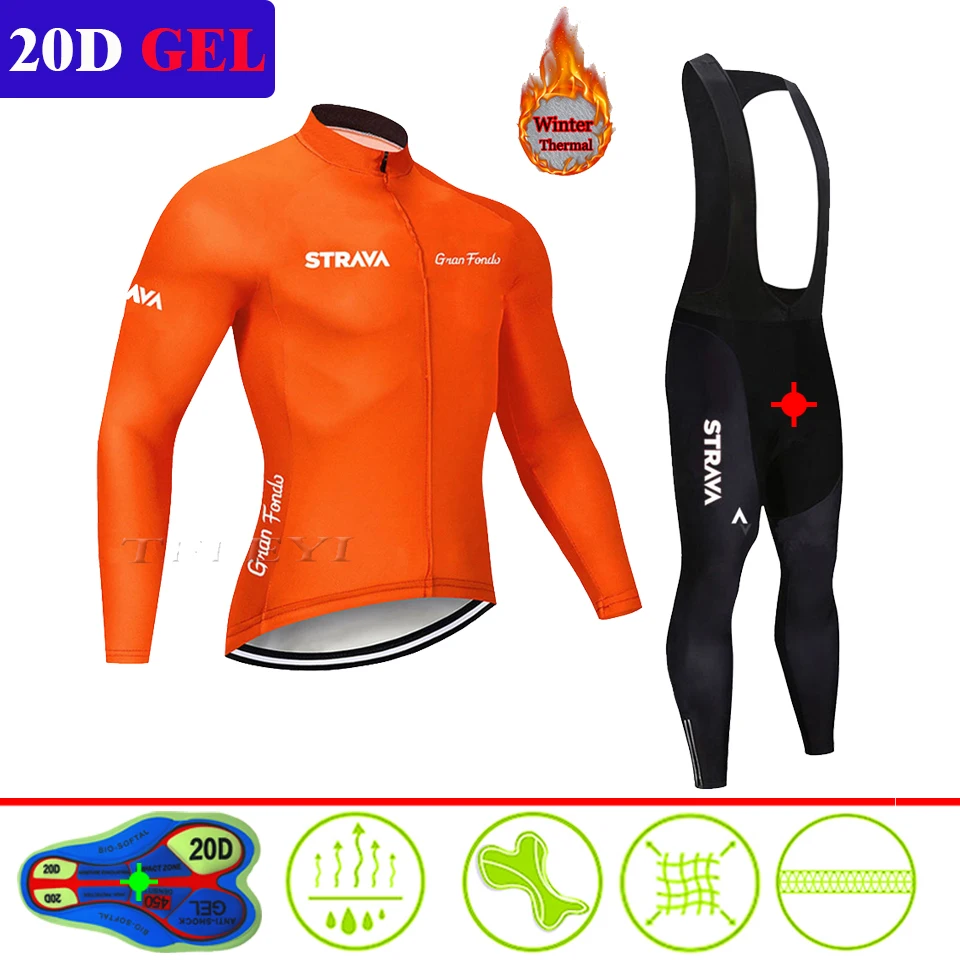 

STRAVA Pro Winter Thermal Fleece Sets Long Cycling Jersey 20D Gel Pad Mens MTB Ropa Ciclismo Bike Bicycling Maillot Clothes