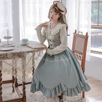 French Vintage Manor Style Cosplay Lolita Kawaii OP Tea Party Girl Ruffles Baby Collar Bubble Sleeve Copper Buckle Bud Dress