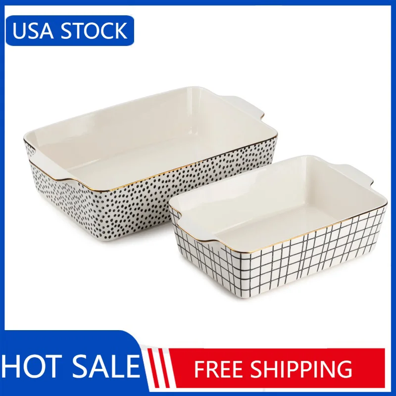

Керамическая посуда с тимьяном и столом, прямоугольная форма для выпечки, черно-белая точка, набор из 2 предметов