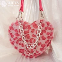 xiuya japanese gothic lolita shoulder bag women pink leopard rabbit fur bag heart shape female handbags with chain women purses