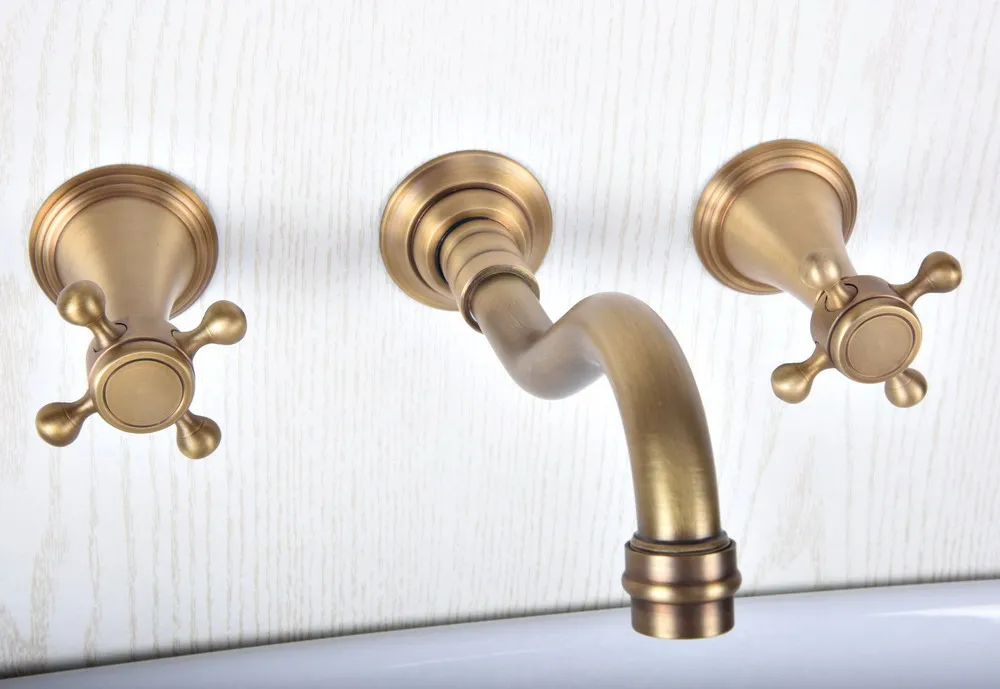 

Antique Brass Wall Mounted Dual Handles Widespread Bathroom 3 Holes Basin Tub Faucet Mixer Water Taps msf513