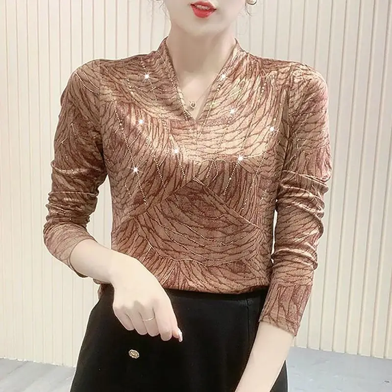 

Fashion Printed V-Neck All-match Diamonds Blouse Women's Clothing 2023 Autumn New Oversized Casual Pullovers Office Lady Shirt