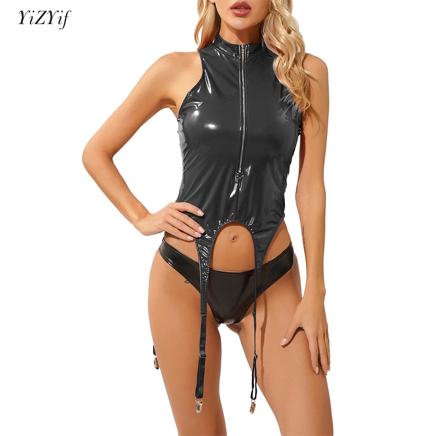 

Womens Patent Leather Vest Fashion Zipper Sleeveless Camis Tops with Garter Rave Wet Look Festival Pole Dancing Clubwear Costume