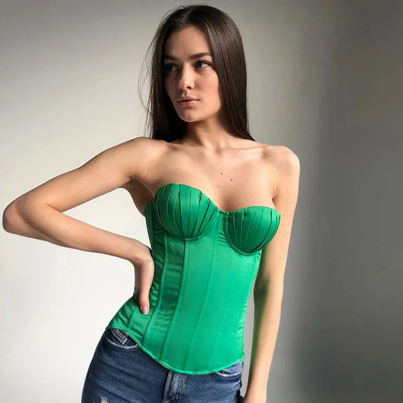 

Elegant Summer Green Corset Crop Top Women New Strapless Sexy Tank Tops Tube Sleeveless White Backless Cami Off Shoulder Hot