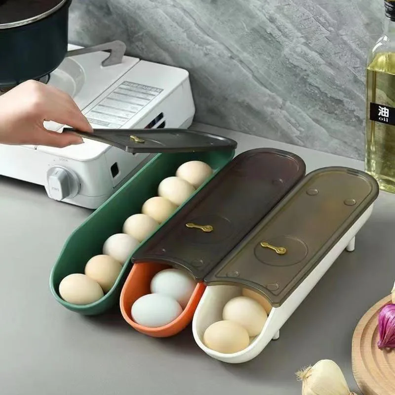 

Trendy Single Layer Egg Storage Box Automatic Rolling Eggs Box Kitchen Eggs Container Egg Storage Shelf Kitchen Gadget Egg Boxes