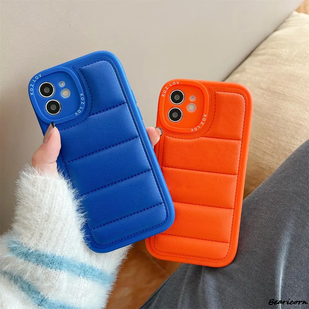 

Leather Filled Down Jacket Phone Case For iPhone 13 12 11 Pro Max X XS XR 7 8 Plus The Puffer down Coat Case Soft Silicone Cover