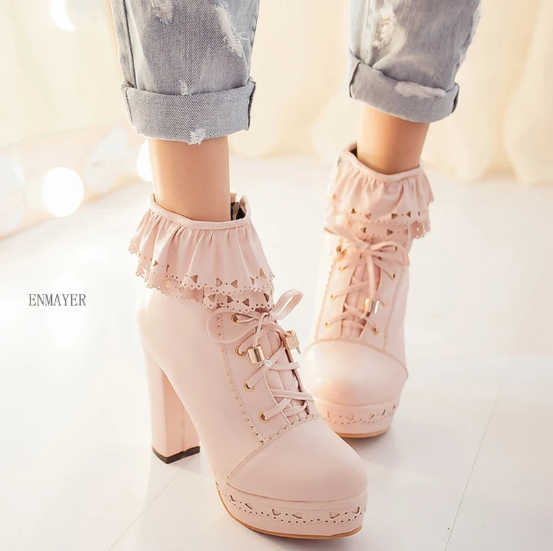 

Осенне-зимние новые ботинки на высоком каблуке ENMAYER, короткие ботинки на шнуровке, женские ботинки и ботинки на толстом каблуке. S