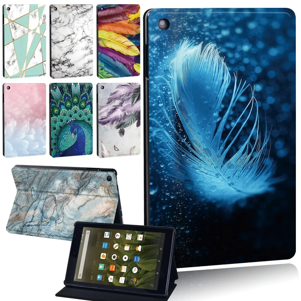 Tablet Case for Fire 7/HD 8 10/HD 8 Plus 10 Plus Marble&Feather Printed Series Funda Folio Stand Cover Protective Shell + Stylus