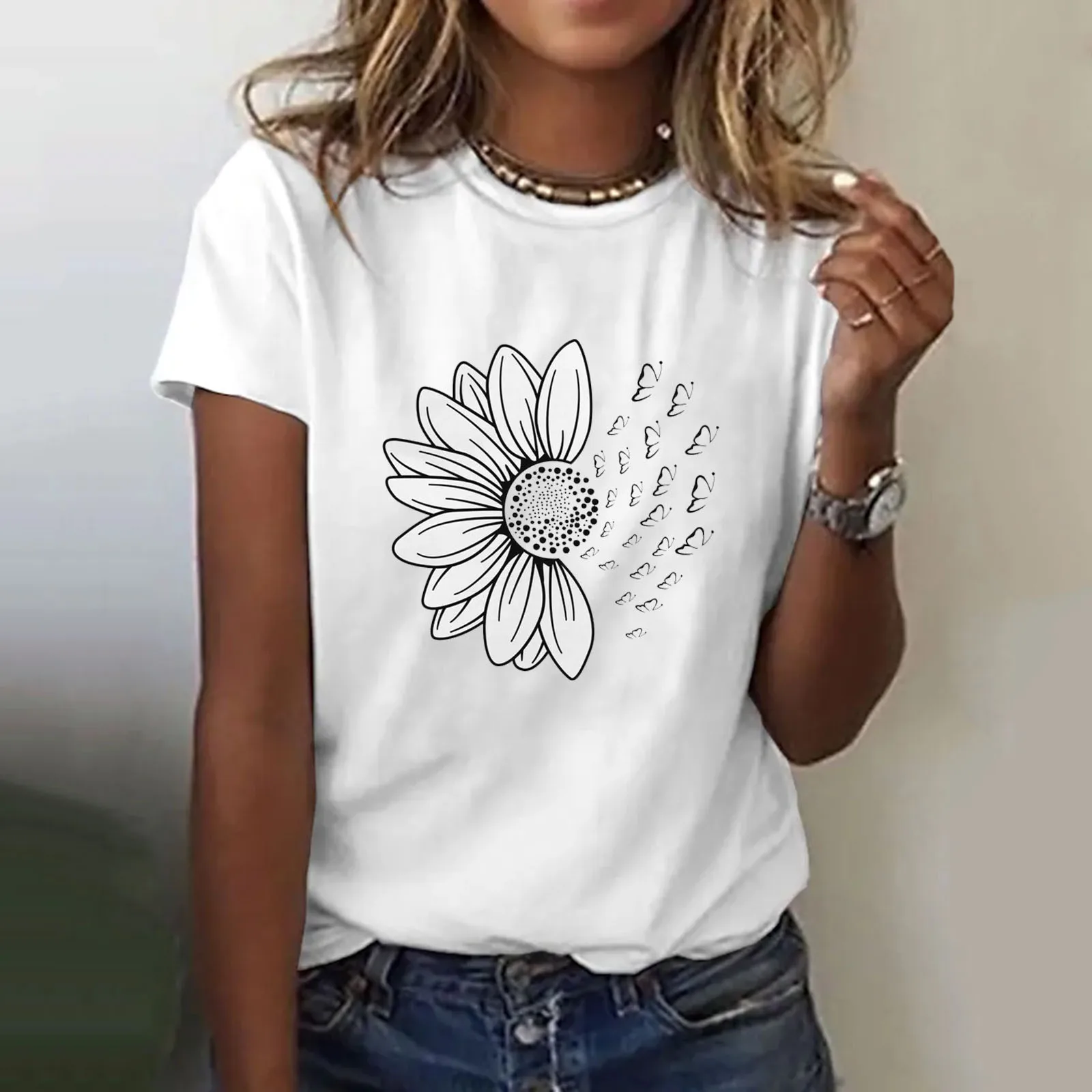 

Women Sunflower Summer T Shirt Loose Blouse Tops Girl Short Sleeve Graphic Teen Top Blouse White Puff Sleeve Top