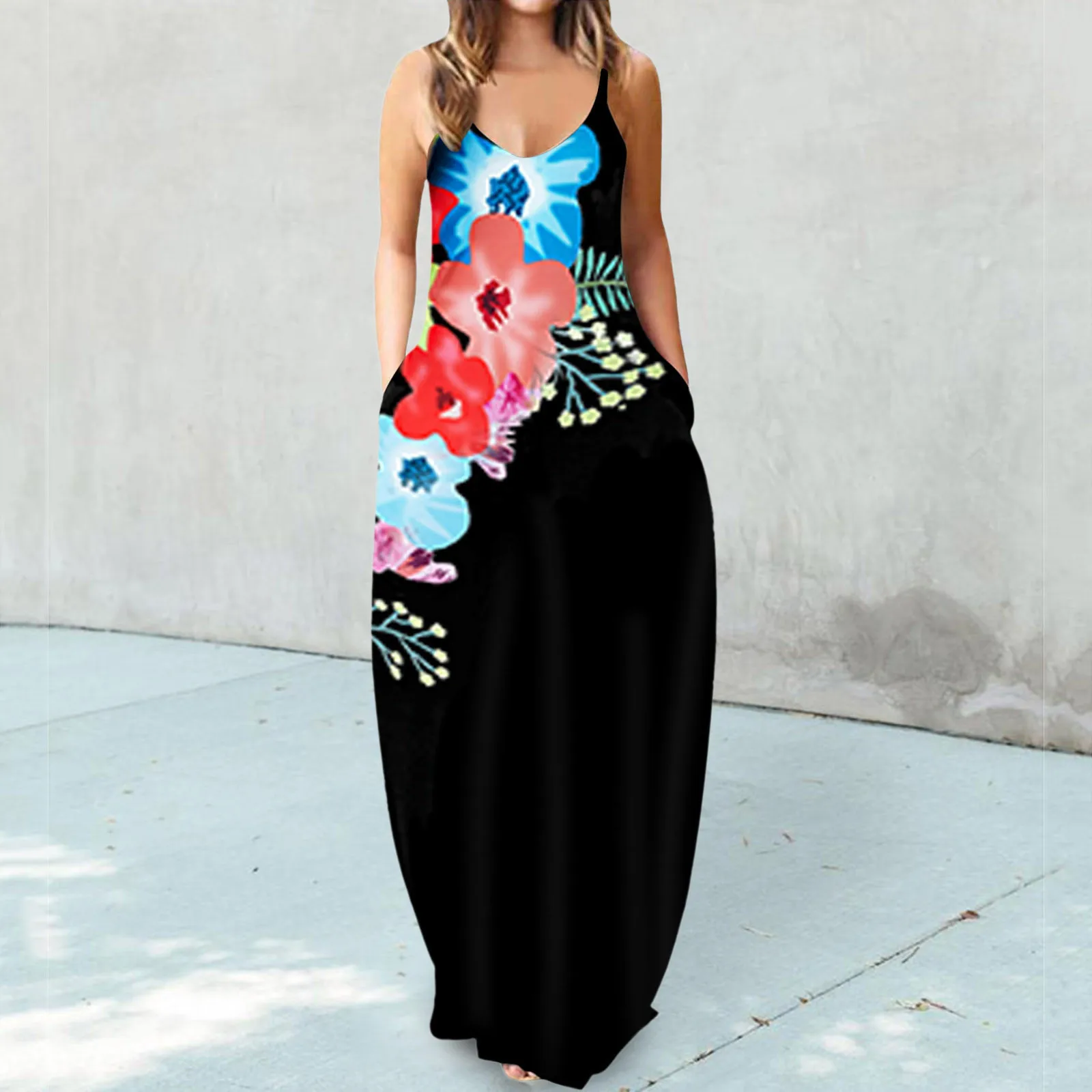 

Платье женское длинное с V-образным вырезом, пикантный свободный пляжный сарафан без рукавов с принтом в стиле бохо, модный длинный черный с...