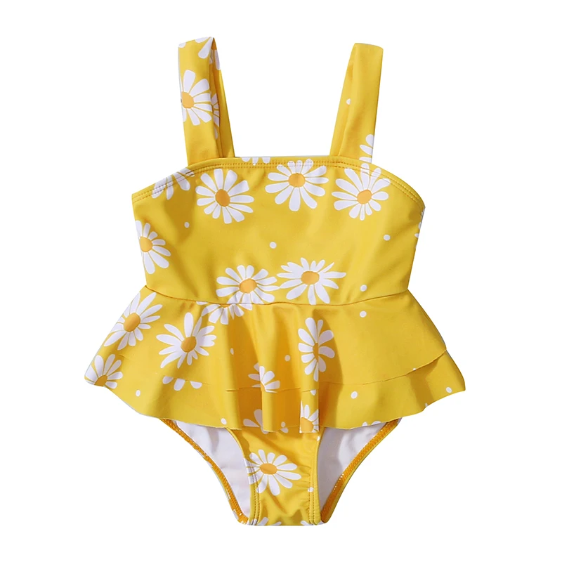 

0-3 Years Infant Baby Summer Swimwear Yellow Floral Print Sleeveless Ruffled Hem 1-piece for Baby Girls Bathing Beachwear