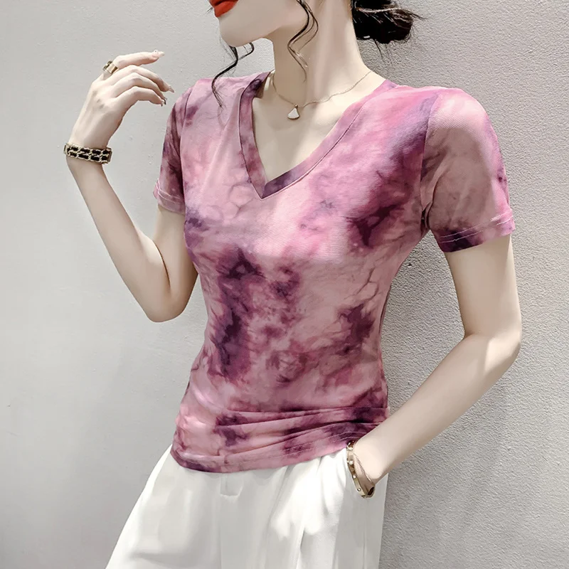 

#6687 Pink Gray Tie Dye Mesh T Shirt Women V-neck Sexy Short T Shirt Short Sleeve Thin Elastic Vintage Streetwear Tshirt Summer
