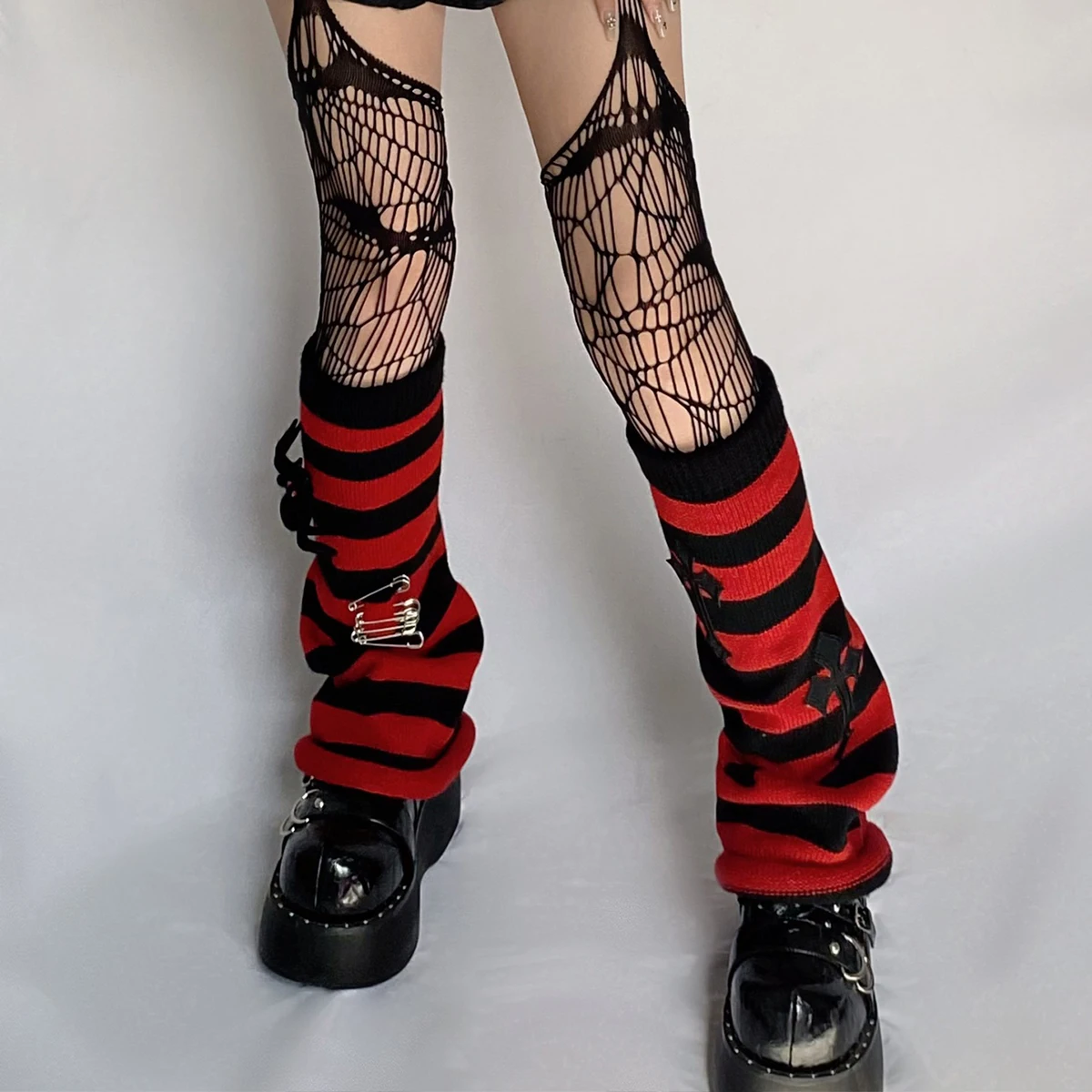 Cross Punk Leg Warmers Knitted Striped Harajuku Y2K Punk Spider Pendant Paper Clip Halloween Accessories Dark for JK Women