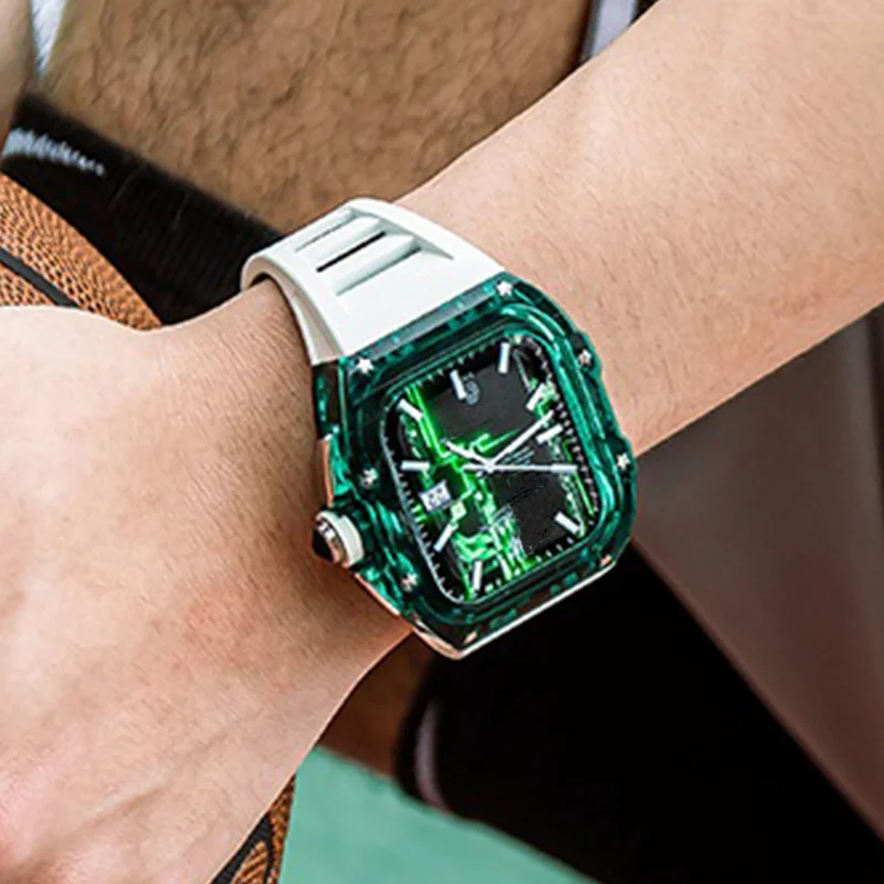 Senior Transparent Mod Kit Case For Apple Watch 45MM 44MM Fluororubber Band For iWatch Series Ultra 8 7 6 5 4 SE Silicone Strap