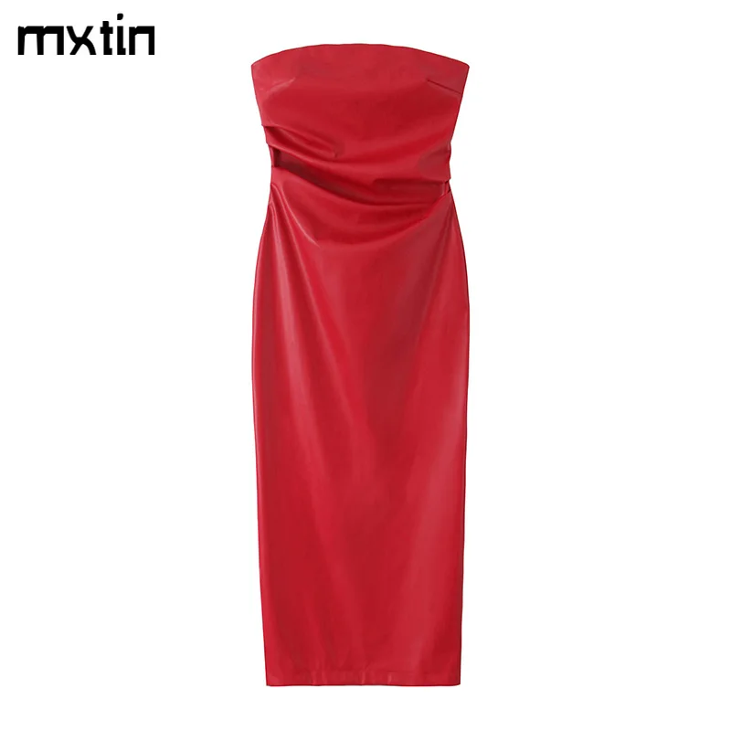 

Women's Ｄress Summer Vintage Red Leather Midi For Women New 2023 Fashion Sleeveless Female Party Evening Dresses Clothing Mujer