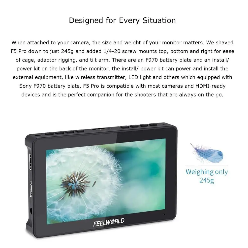 Фото FEELWORLD F5 PRO V4 6-дюймовый сенсорный экран 3D LUT Field Monitor DSLR-камера с внешним комплектом питания F970 Входной выход HDMI 4K №4