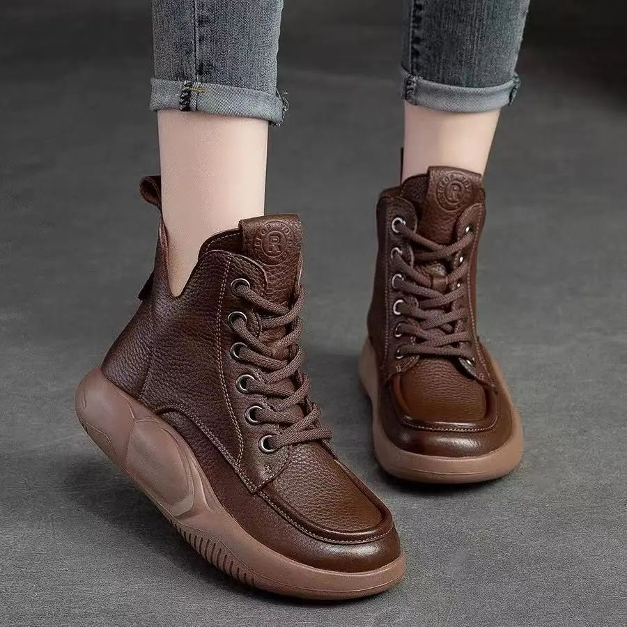 

Женские кожаные ботинки на танкетке, повседневные водонепроницаемые ботинки на толстой подошве с плюшевой подкладкой, новинка осенне-зимнего сезона 2023