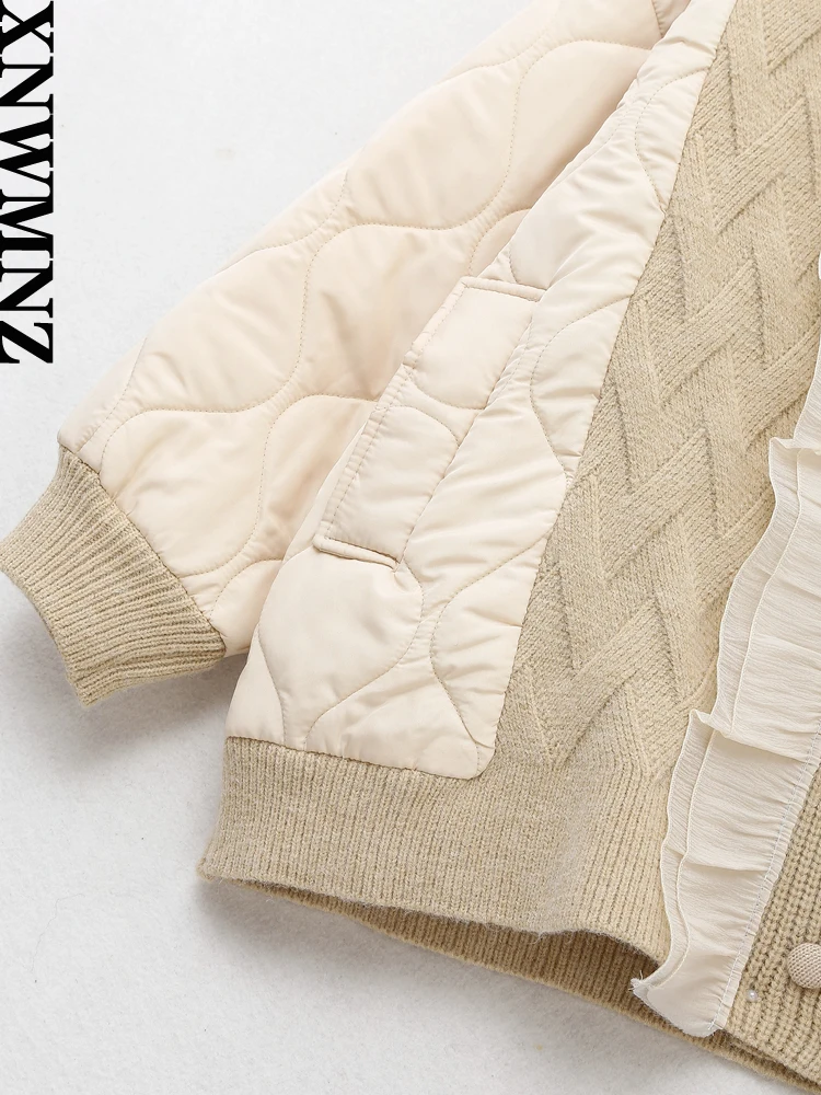 XNWMNZ Women Fashion Winter Warm Quilted Embroidery Knitted Patch Padded Jacket Coat Vintage Long Sleeve Female Chic Outerwear