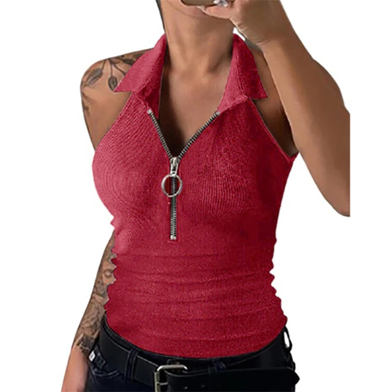 

Tank Top Women Sexy Crop Top Lady Summer Zip Large V Neck Sleeveless Lapel Tank Top Classic Solid Color Slim Girls Top Summer