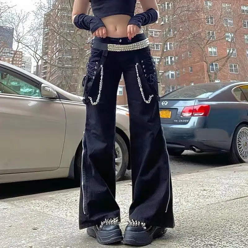 

Gothic Black Women Wide Leg Pants Streetwear Strappy Wide-leg Pants Punk Baggy Trousers Harajuku Girl Pants