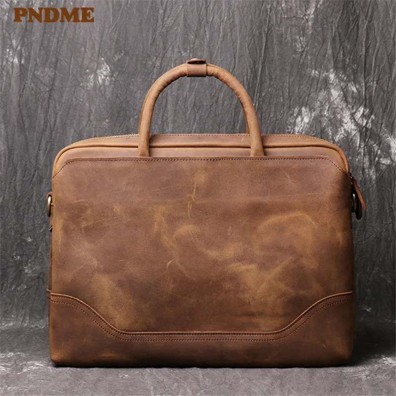 Vintage high quality genuine leather men's women's briefcase simple business real cowhide messenger bags office large laptop bag