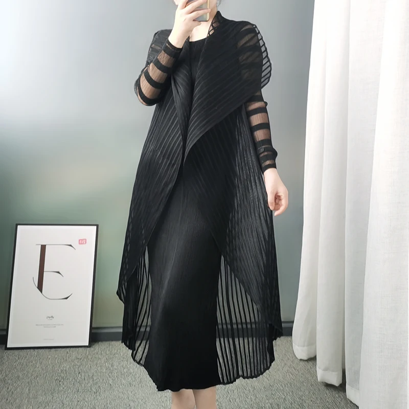 

NOBLE Miyake Pleated High Fashion Two Piece Sets Overall Vest Dress + French Lace Long Jacket Women Vintage Designer Clothes