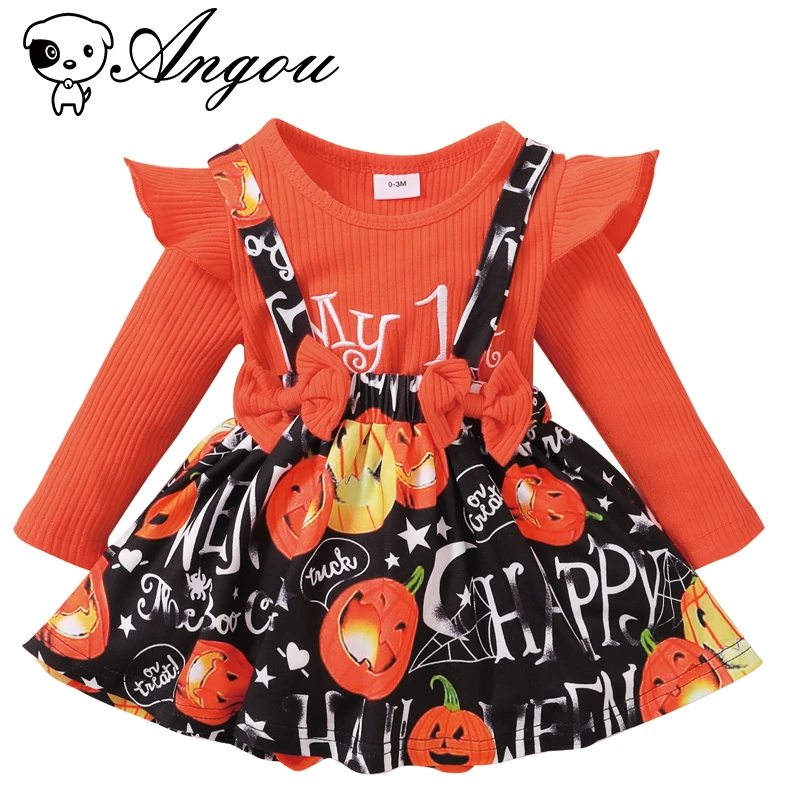 

Angou Suit Baby Girl Halloween Dress Long Sleeve Solid Color Top+Toddler Pumpkin Letter Printed Baby Girl Dress+Headdress Suit