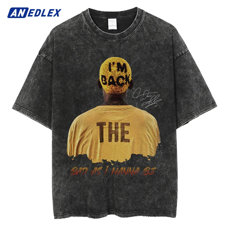 

Футболка мужская хлопковая оверсайз с принтом, уличная одежда в стиле хип-хоп, вареная футболка с графическим принтом Денниса родмена, повс...