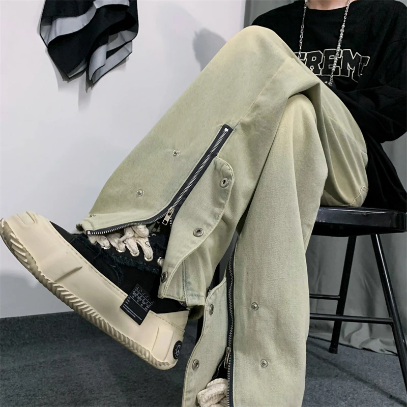 

Коричневые винтажные джинсы, Мужские расклешенные брюки на молнии с разрезом, модные мешковатые модные брендовые классические брюки Unisex2022