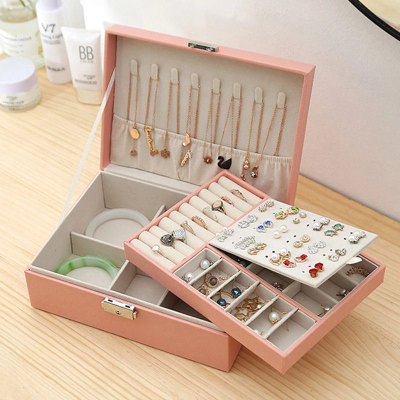 

Double Layer Lockable Leather Jewelry Storage Box Earrings Necklace Ring Holder Girlfriend Gift Box Desktop Storage Organizer