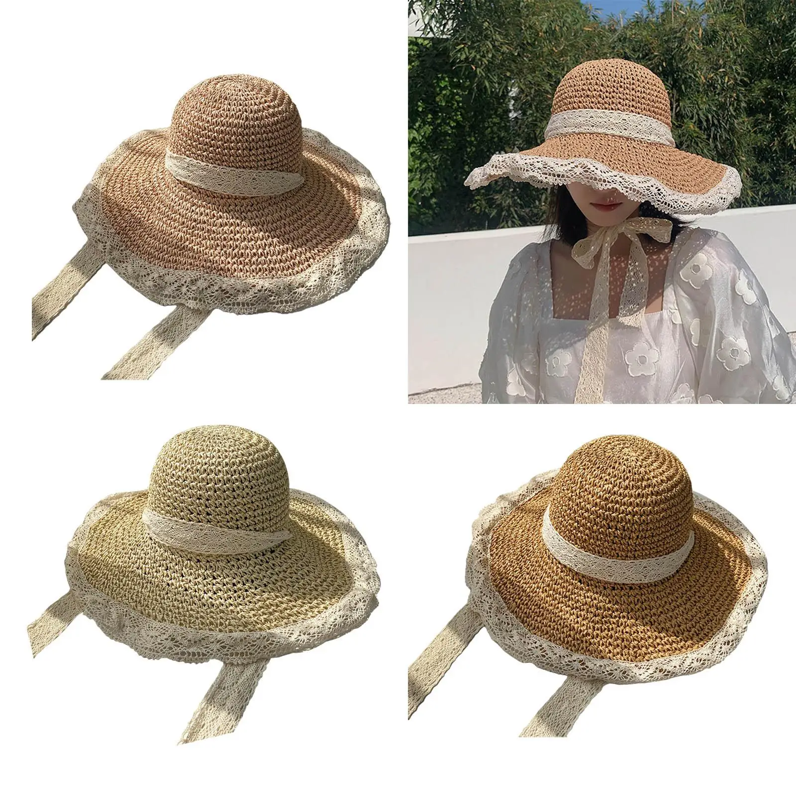 

Women Sun Hat Wide Brim Sun Protection Caps with Lace Chain Strap Bucket Hat Foldable