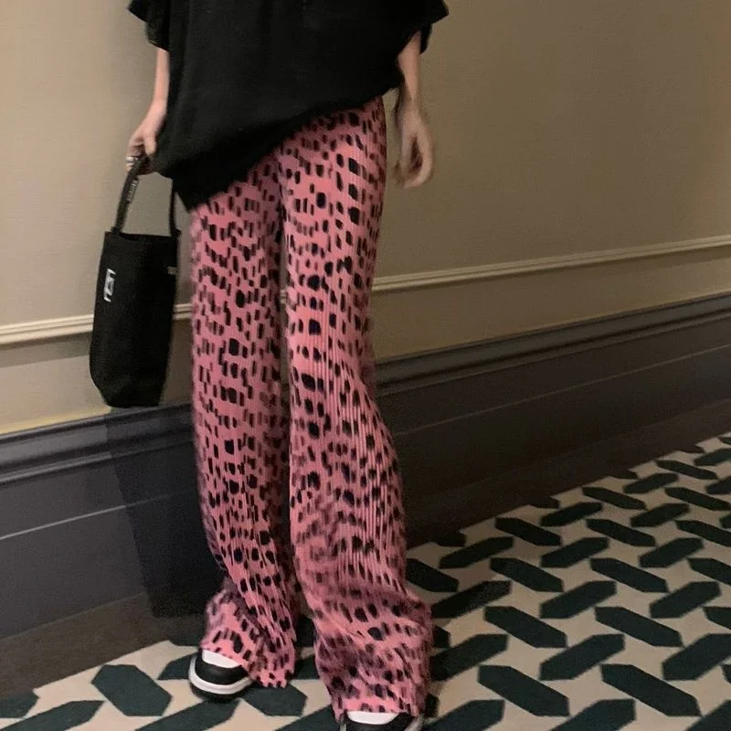 2023 Women Cargo Pants Ins Style New Leopard Print Wide Leg Pants For Women In Summer High Waisted Loose Pink Long Casual Pants