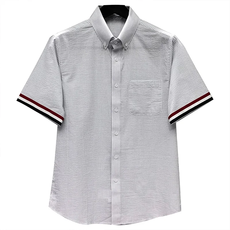 TB THOM Men's Dress Shirt Slim Fit Ultra Wrinkle Free Flex Collar Stretch Clothes Fashion Brand Stripe Summer Short Sleeves