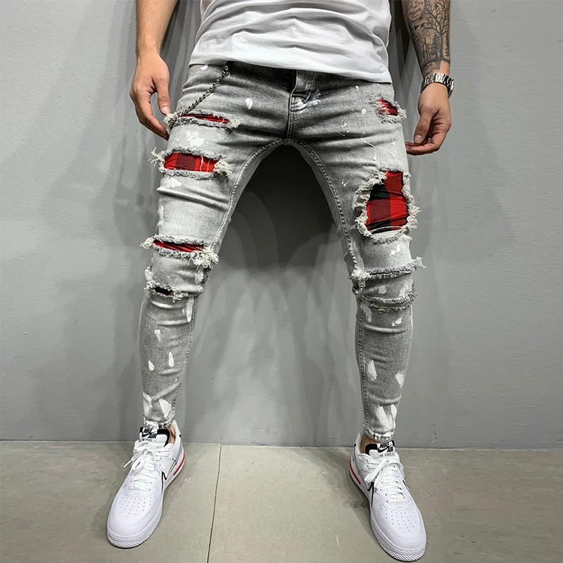 Men's Street Fashion Hip Hop Jeans Slim Shape Small Feet Elastic Cotton Tight Pencil Pants Classic Casual Sports Denim Trousers