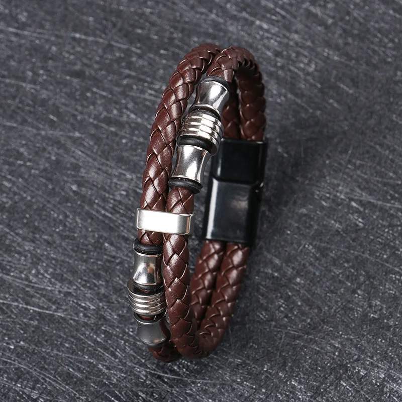 

New in Man Bracelet Fashion Stainless Steel Black Leather Braid Bracelet Double Layer Design For Men Cuff Christmas Gift