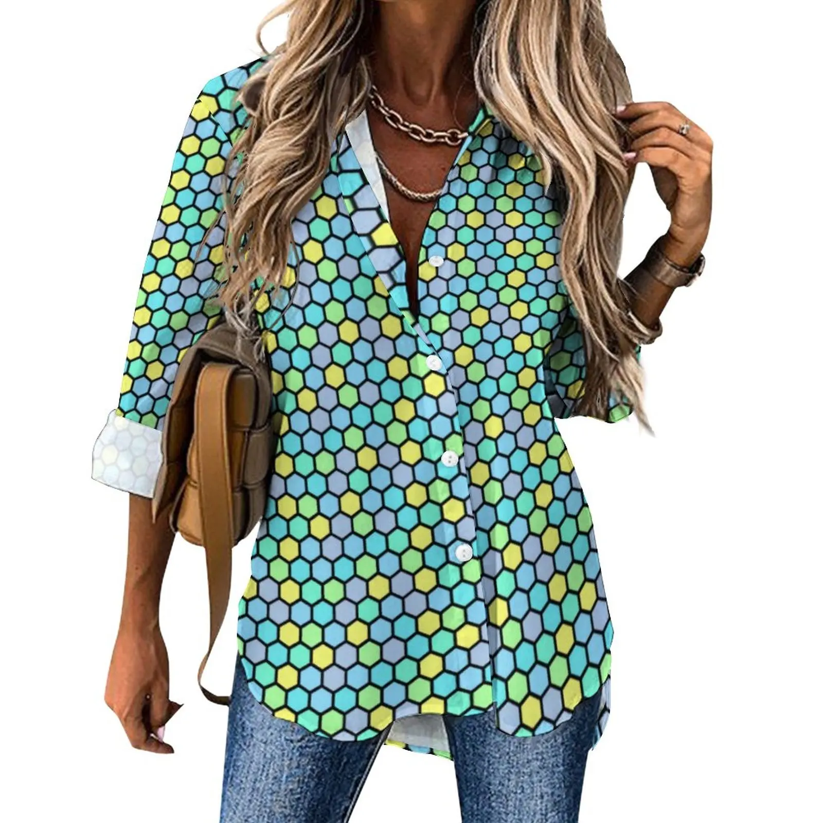 

Abstract Geometry Blouse Colorful Beehive Funny Graphic Casual Blouses Women Streetwear Shirts Long Sleeve Oversized Clothing