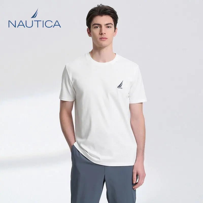 Фото Мужская футболка-поло Nautica для велоспорта и мотоциклетного спорта, весна-лето, однотонная, с принтом, с коротким рукавом, круглым вырезом, унисекс