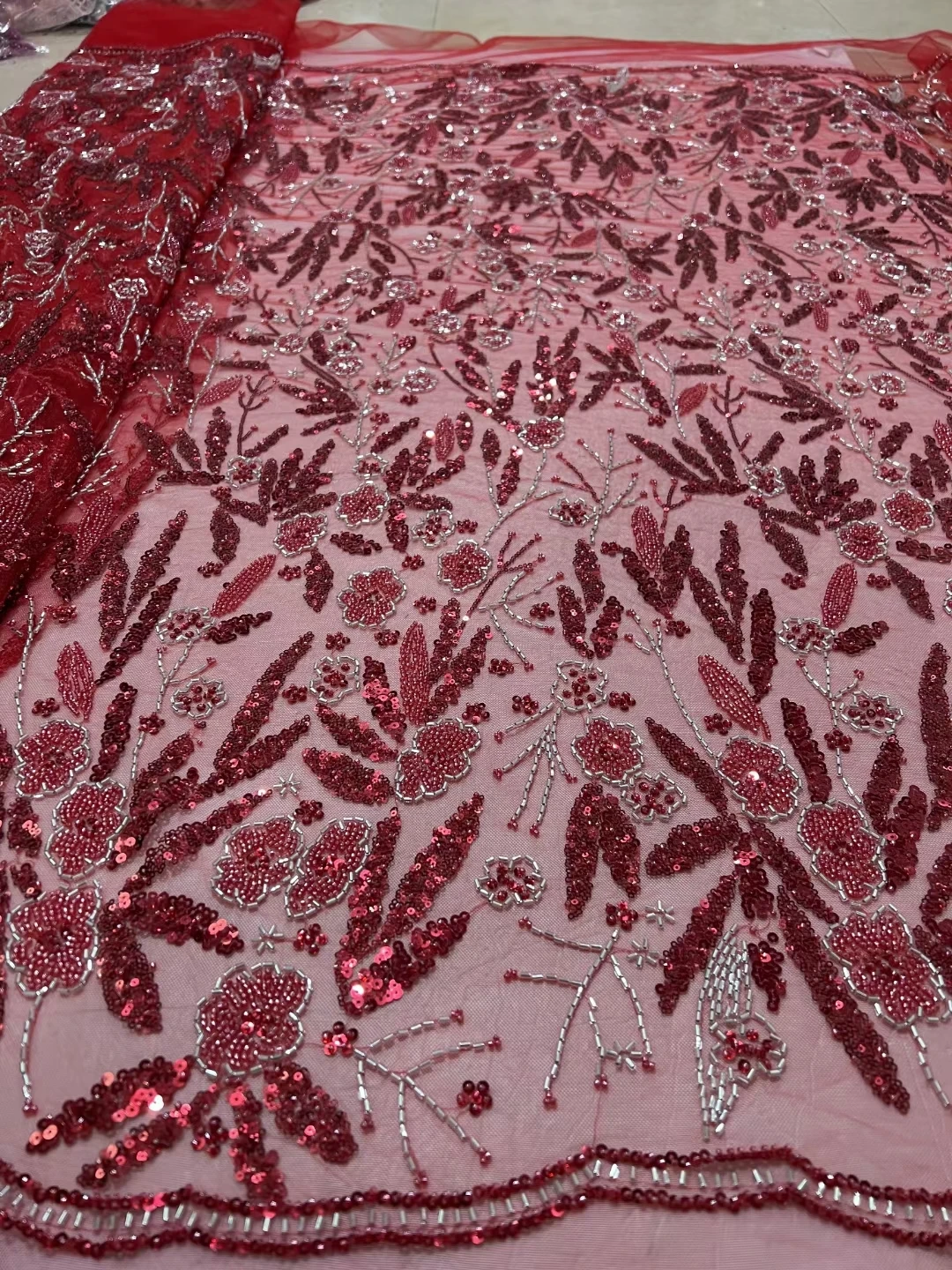 

Beaded African Lace Fabric High Quality 2023 Embroidered Tulle Flower 5 Yard Glitter Sequins Mesh Material Direct Selling Heavy