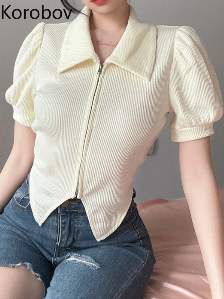 

Футболка Korobov с простым натуральным отворотом, Необычные топы, с пышными рукавами, однотонные облегающие футболки на молнии для снижения во...