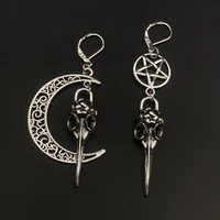 vintage asymmetric earrings crow skull earring pentagram moon witchy crescent moon earringswiccan goth pagansteampunk jewelry