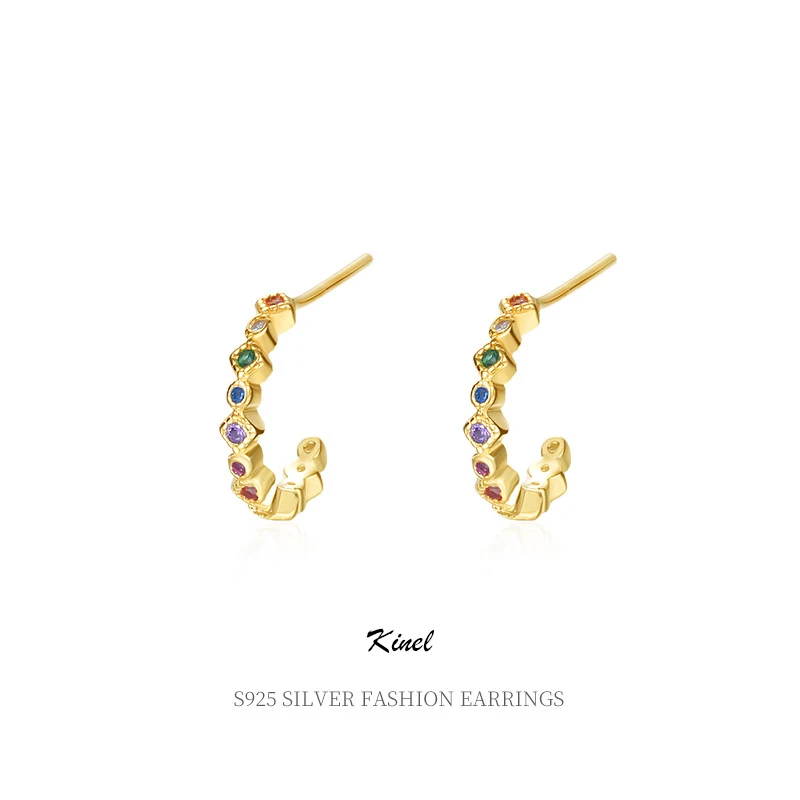 

Kinel 925 Sterling Silver Original Certified Rainbow C-Shaped Zircon Earrings For Women Simple And Fashion Ins Creative Design