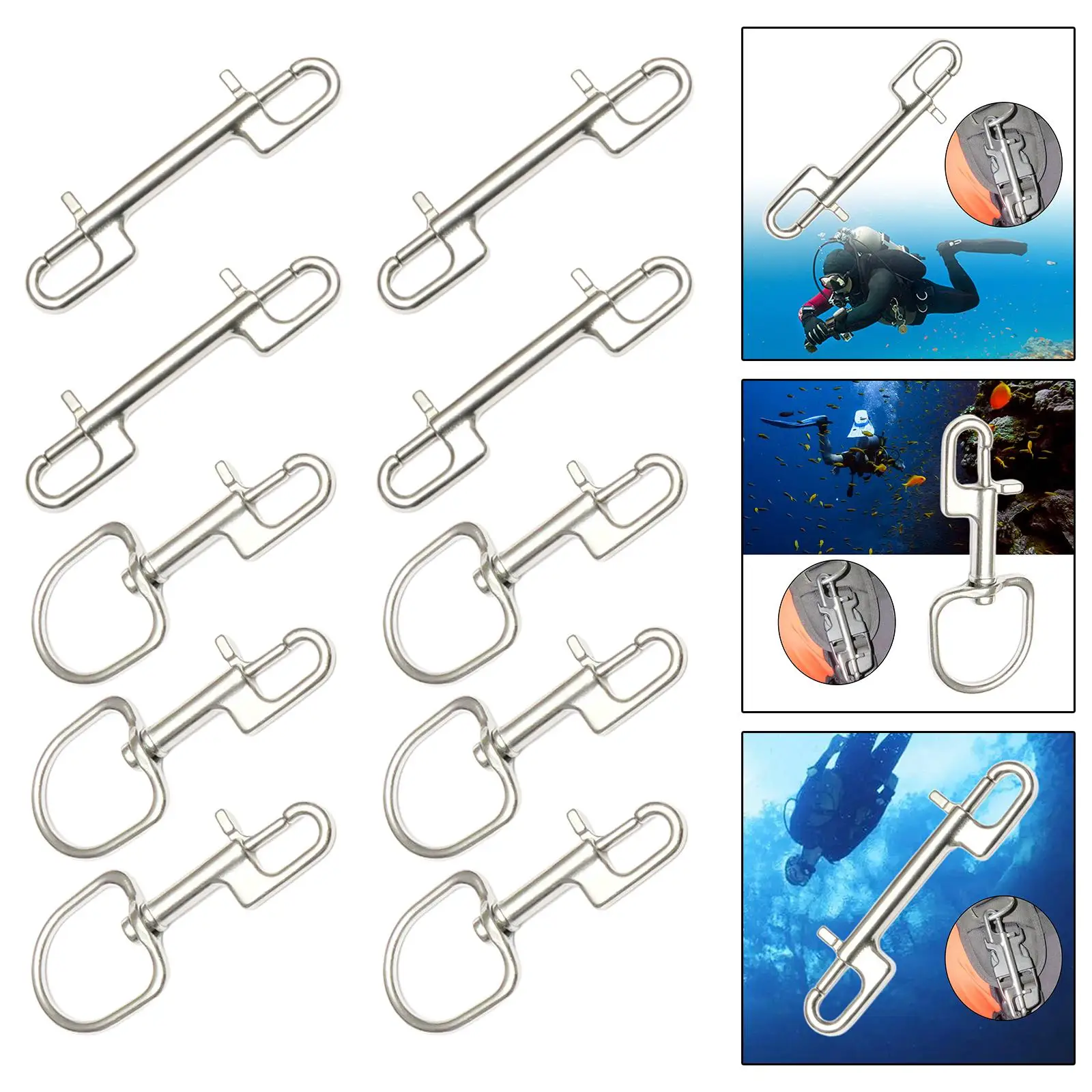 

10pcs Dive Bolt Snap Hook Double Single Ended Hook Buckle Stainless Steel Swivel Snap Hook Clip for Scuba Diving
