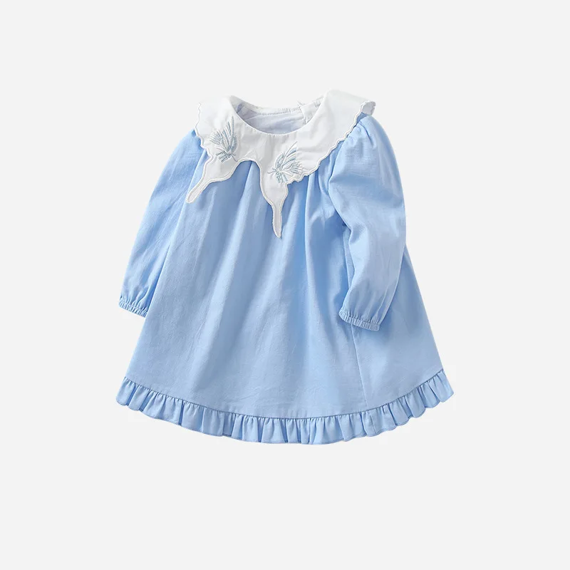 

2023 Autumn Baby Girls Dress Cotton Loose Long Sleeve Butterfly Embroidery Collar Toddler Girls Dress Kids Girls Outfits
