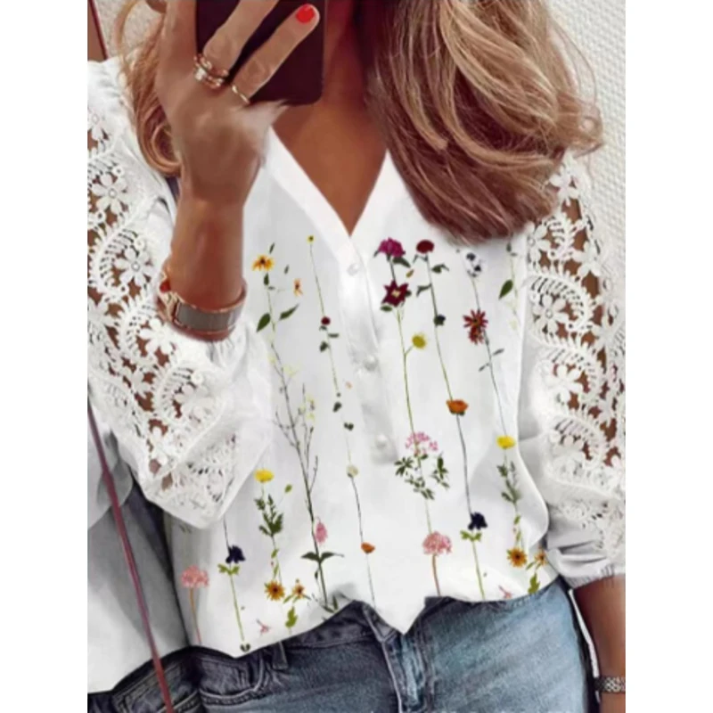 Spring Vintage Lace Patchwork Women Shirts Fashion Sexy Loose Long Sleeve Hollow Out Blouses Casual Elegant Office Lady Shirts