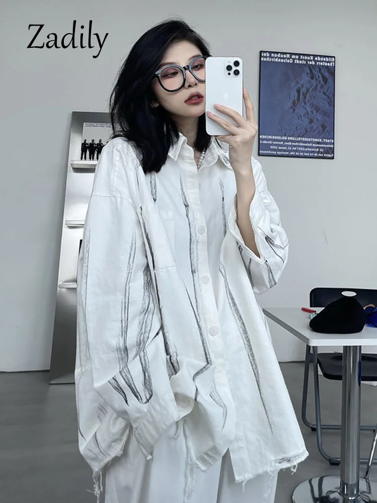 

2023 pring Long leeve Women White Overize hirt treetwear triped Hand Frayed Button Up Ladie Bloue Top Clothing