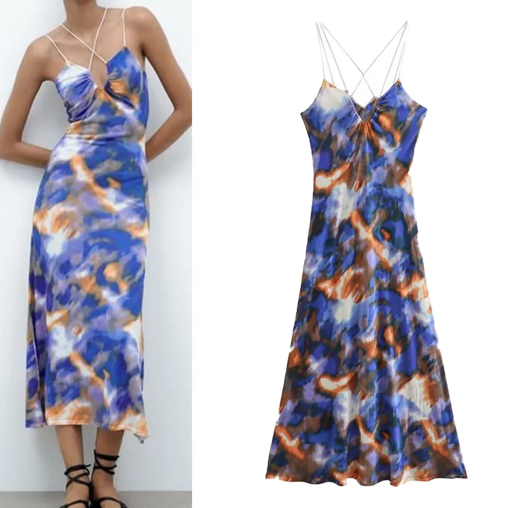 

Summer new style 2023 casual fake style sexy female backless tie-dye print sleeveless long suspender dress