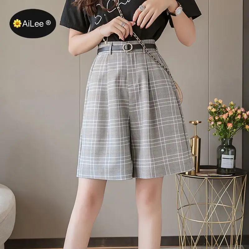 Plus Size 3XL Summer Knee Length Plaid Shorts England Style Comfortable Wide Leg Trouses Women Loose Casual Straight Shorts